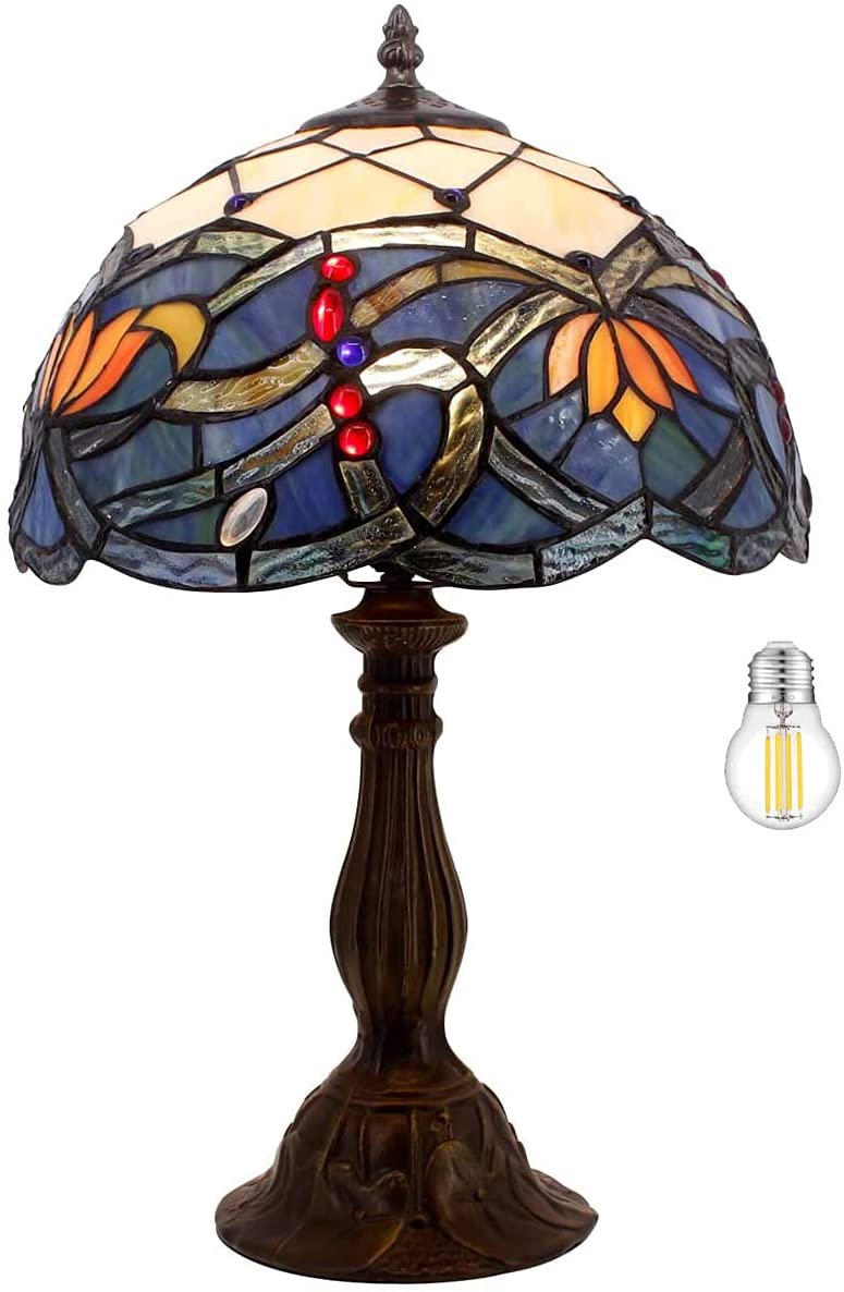 SHADY Tiffany Table Lamp Stained Glass Bedside Lamp Blue Lotus Desk Reading Light 12X12X18 Inches Decor Bedroom Living Room Home Office S220 Series