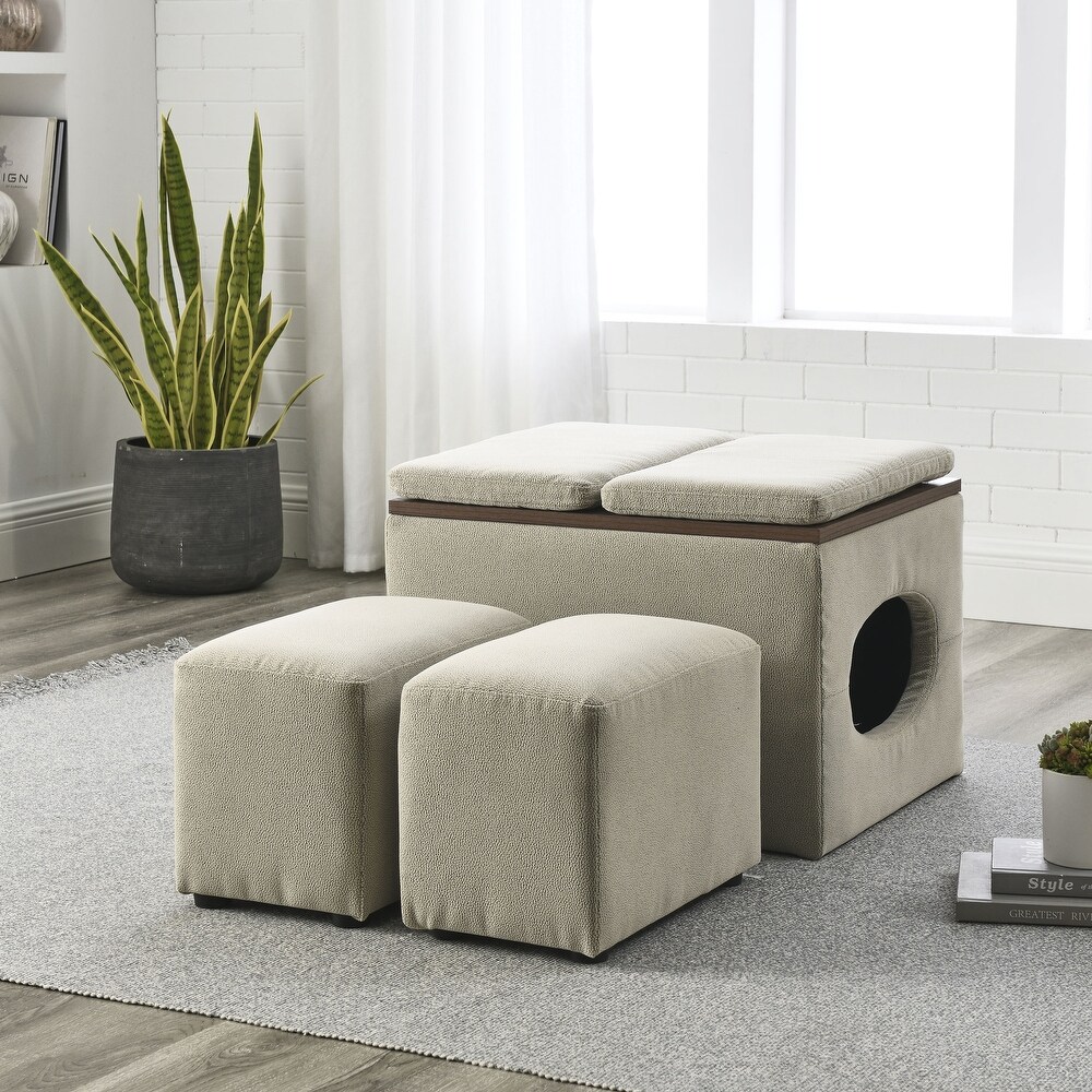 Detachable Lid Footstool Spare Seat Temporary Table Folding Square Storage Cube Seat Low Stool Stool with 2 Cushion