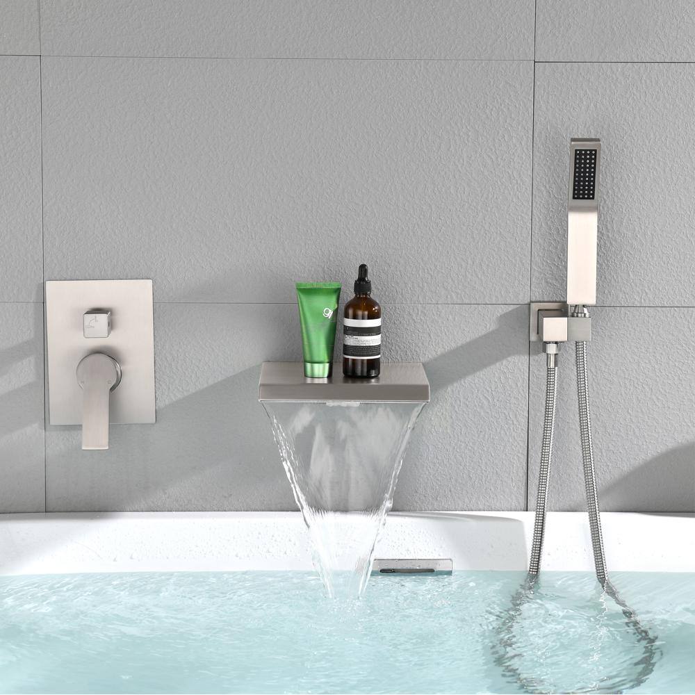 WATWAT Jewelry Single-Handle Wall Mount Roman Tub Faucet with Hand Shower in Brushed Nickel (Ceramic Valve Included) SMD0JE220804015