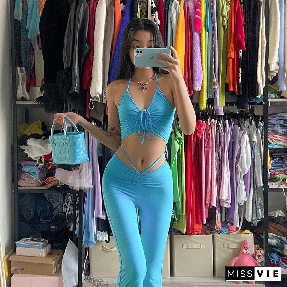 Y2K Streetwear Sexy Bandage Blue Co-ord Suits Fashion Drawstring Halter Top And High Waist Flare Pants 2 Piece Set