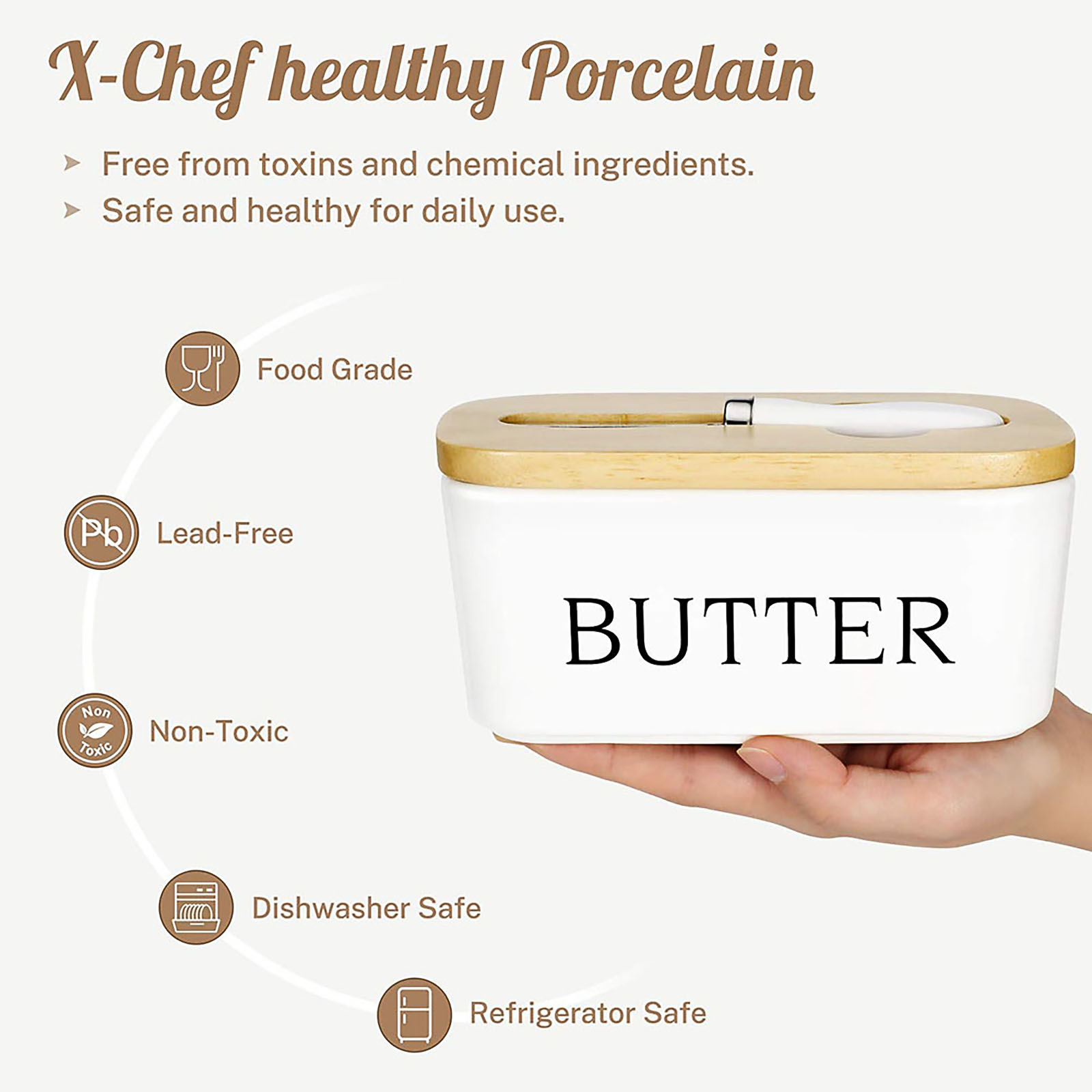 Butter Dish with Knife - Airtight Butter Keeper Holds Up to 2 Sticks of Butter - Porcelain Container with Wooden Lid， White