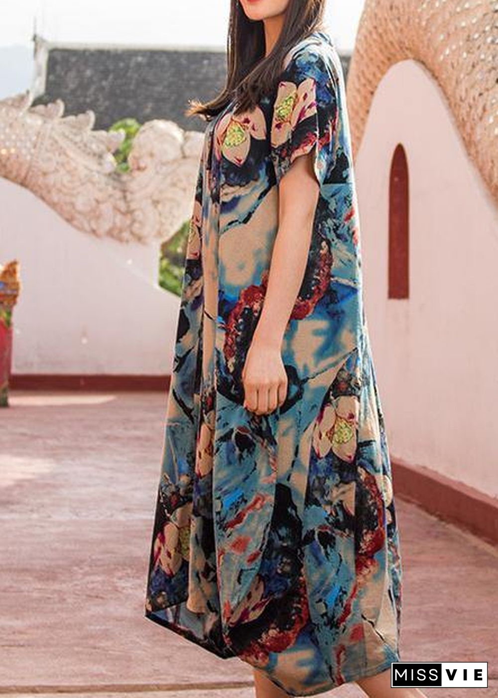 Modern dark blue print v neck asymmetric cotton robes summer Dresses