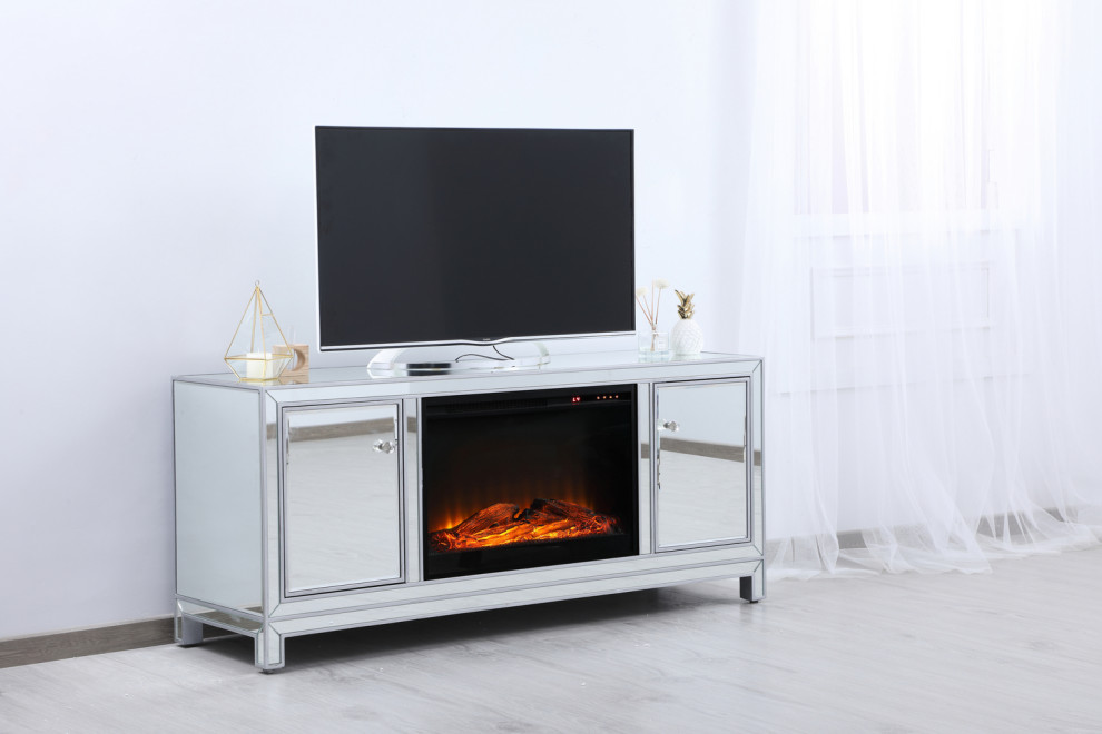 60 In. Mirrored Tv Stand With Wood Fireplace Insert In Antique Silver   Transitional   Entertainment Centers And Tv Stands   by We Got Lites  Houzz