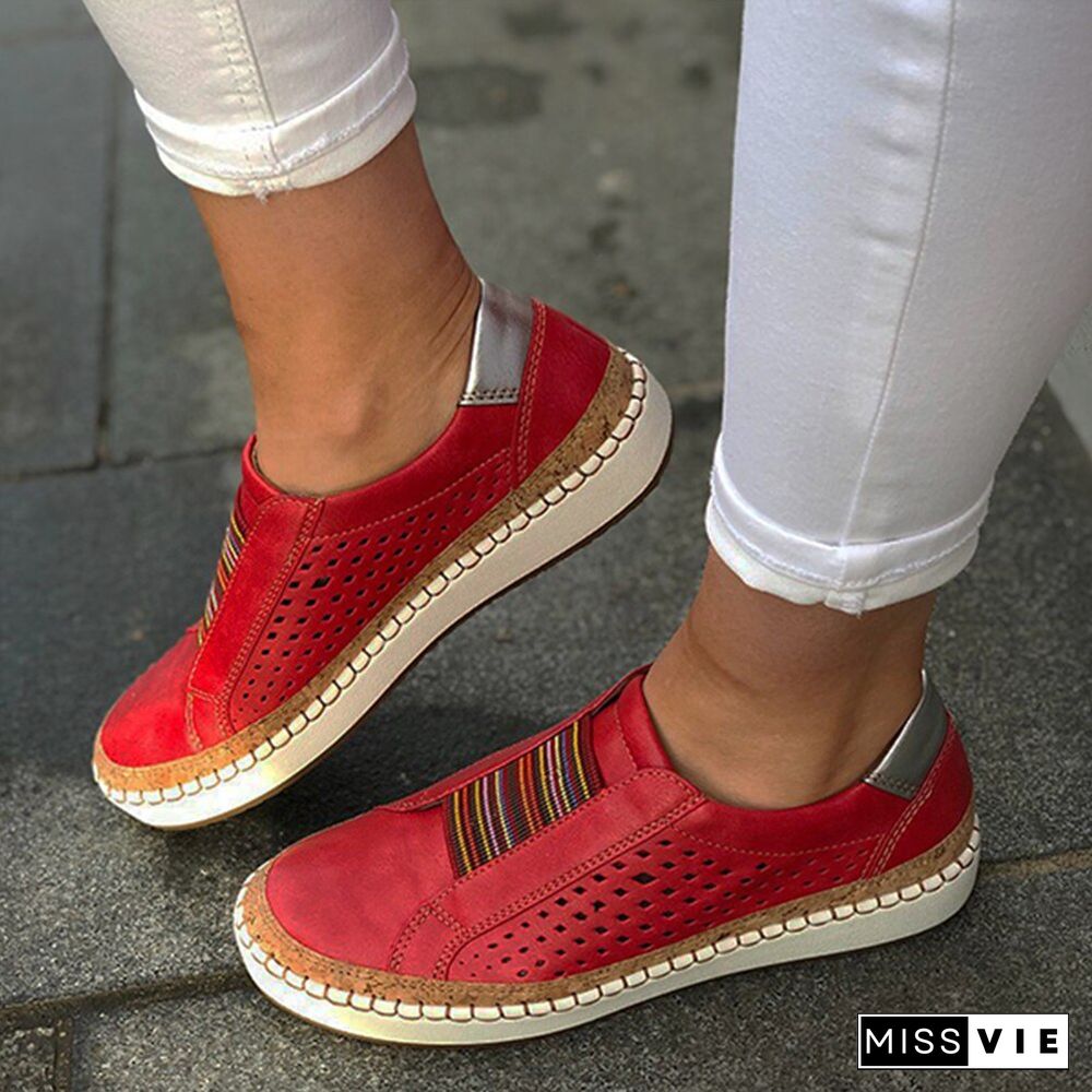 Women Slip On Sneakers Shallow Loafers Vulcanized Shoes Breathable Hollow Out Female Casual Shoes Ladies Leather Flats