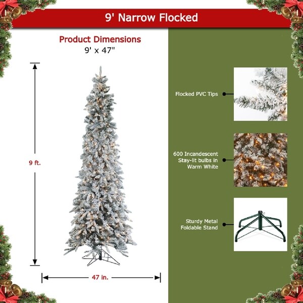 9' Prelit Narrow Flocked Pencil Pine Artificial Christmas Tree