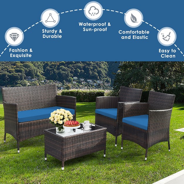 Tangkula 8pcs Patio Rattan Conversation Furniture Set Outdoor W Peacock Blue Cushion