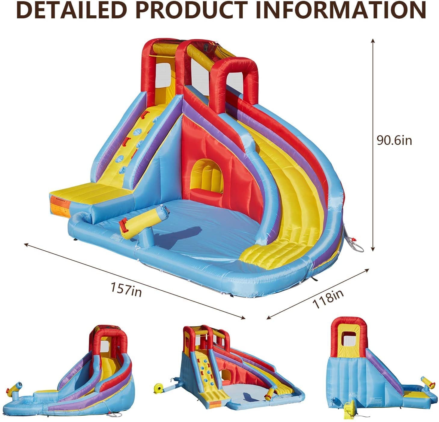 Kinbor Inflatable Bounce House Pool Water Slide Bouncy Castle w/ Climbing Wall Long Slide & Air Blower, Colorful