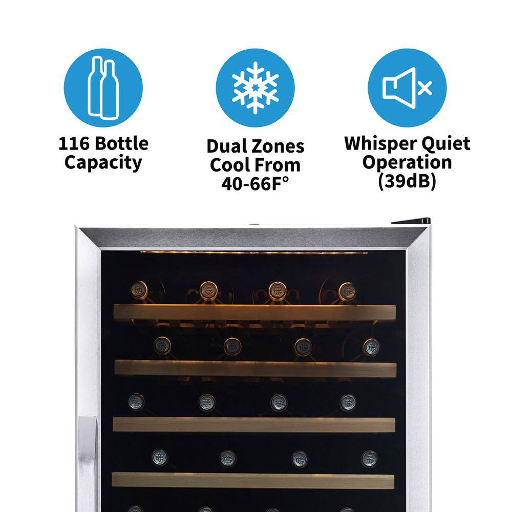 NewAir Dual Zone 116-Bottle Built-In Wine Cooler Fridge with Smooth Rolling Shelves and Quiet Operation - Stainless Steel AWR-1160DB