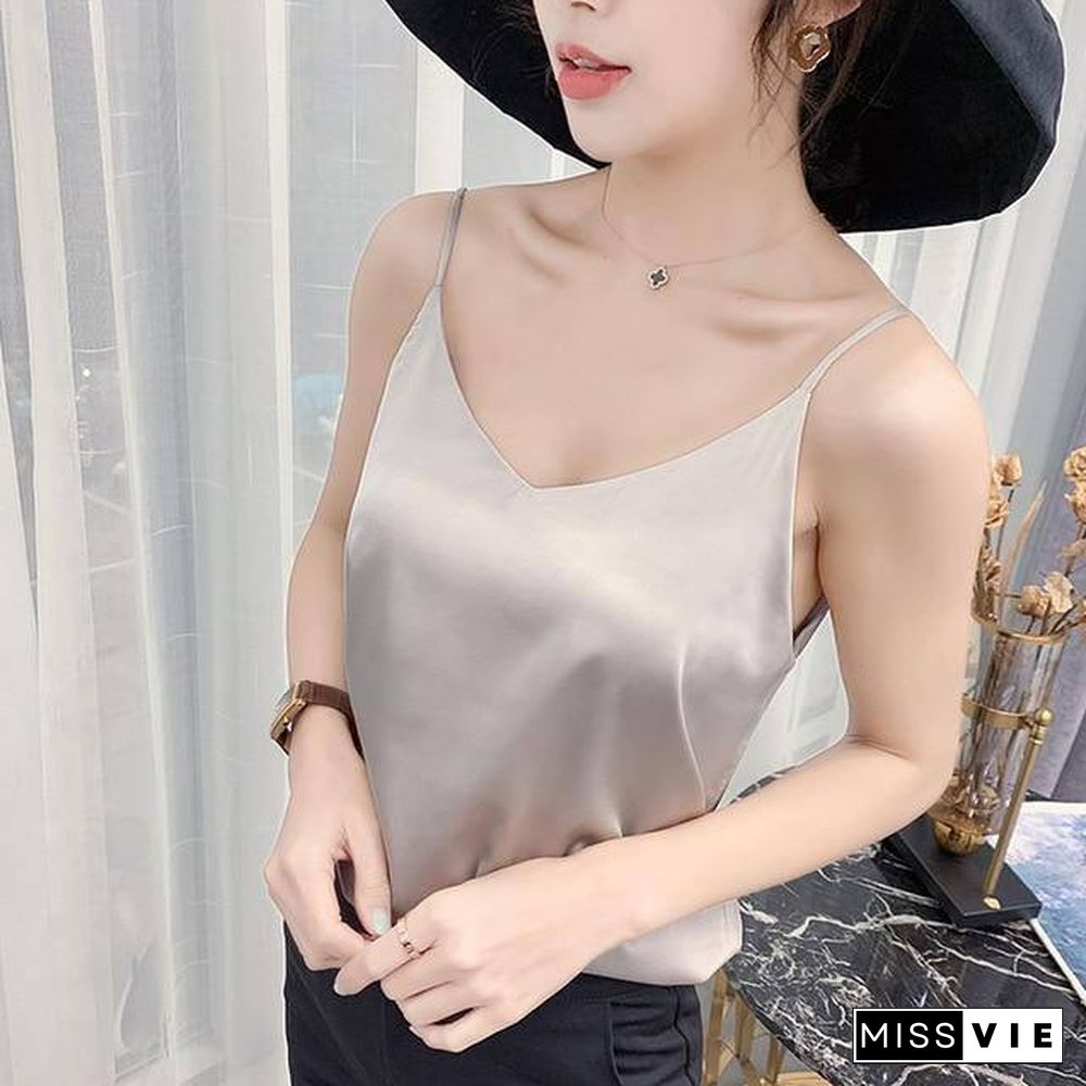 Korean Silk Top Women V-neck Satin Tank Tops Woman Sleeveless Black Tees Cami Sexy Halter Top Plus Size Elegant Women White Tops