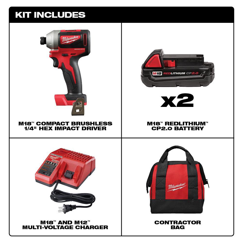 Milwaukee M18 Compact Brushless 1/4 in. Hex Impact Driver Kit 2850-22CT from Milwaukee