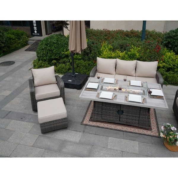 5Piece Wicker Patio Sofa Set with Gas Firepit And Ice Bucket by None