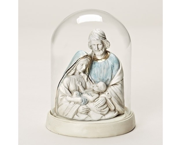 Gold Off white And Blue Holy Family Religious Sculpture With Glass Cloche