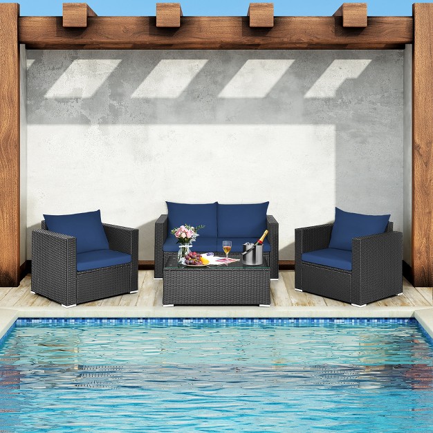 Costway 4pcs Patio Rattan Furniture Set Cushioned Sofa Loveseat With Navy amp Turquoise Cover