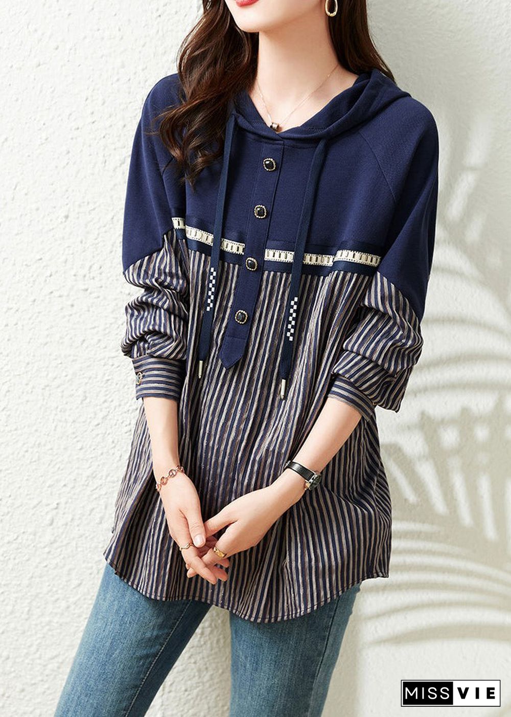 Loose Navy Neck Tie Striped Patchwork Hooded Sweatshirts Long Sleeve