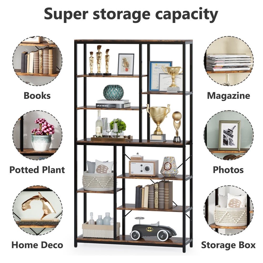 Large 8 Tier Bookcase and Bookshelf  79’’ Tall Open Shelves Display Shelf for Home Office  Rustic