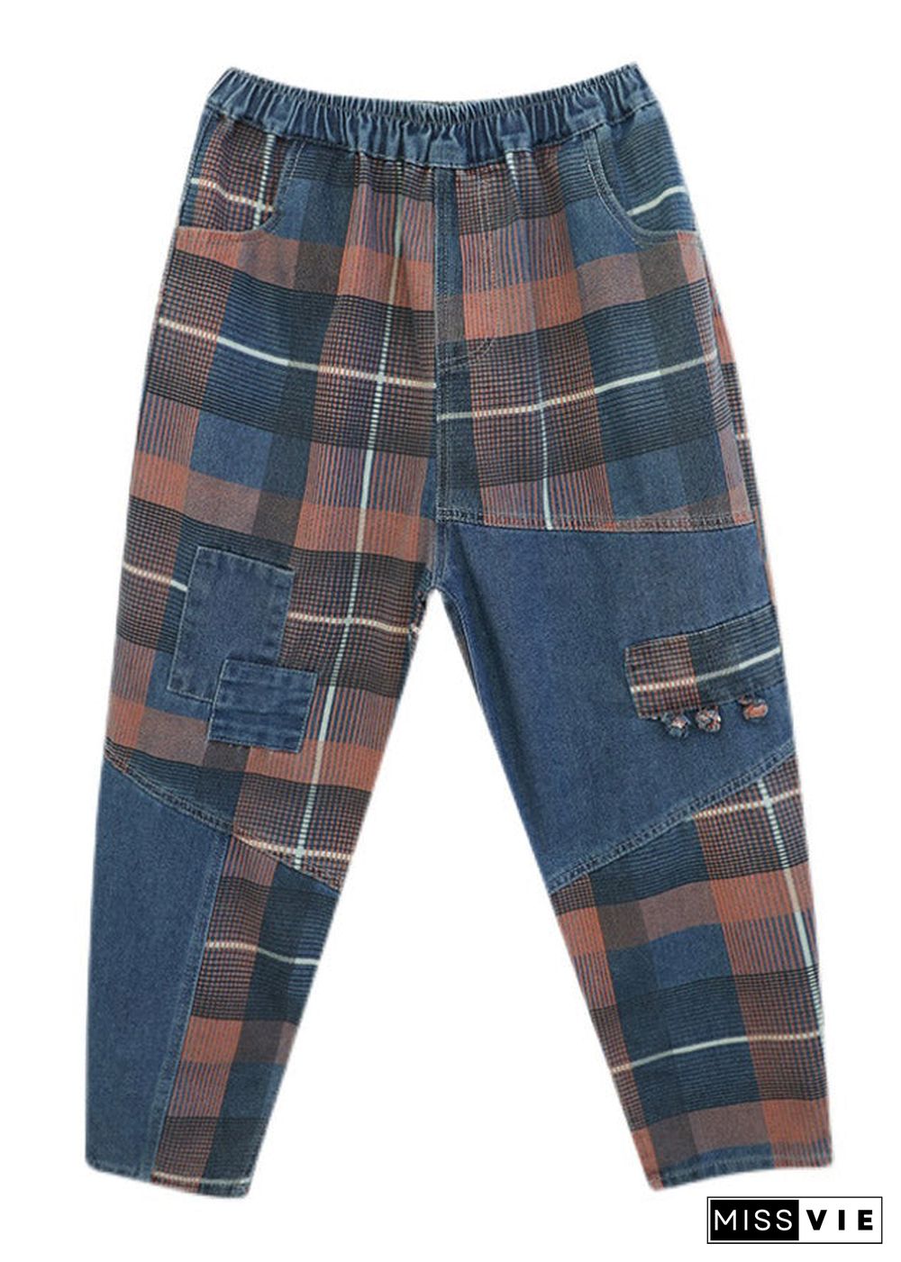 Style Blue Plaid Pockets elastic waist Patchwork Denim Pants Spring