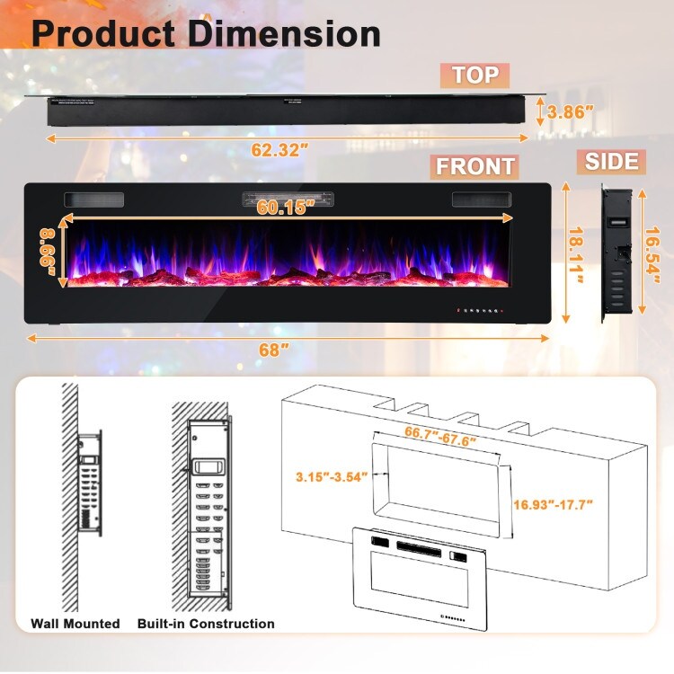 Sleek 68 Inch Ultra Thin Recessed Wall Mounted Electric Fireplace with Crystal Log Decoration   68\