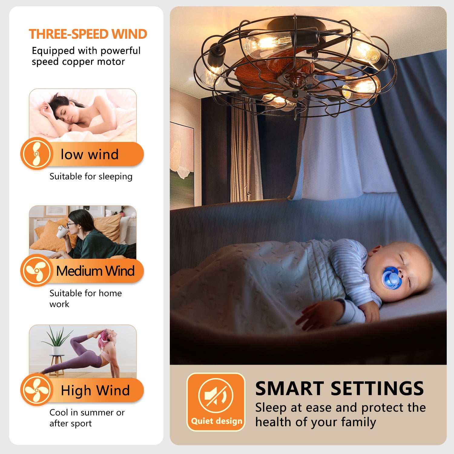 Caged Flush Mount Ceiling Fan with Light， Remote Control Enclosed Ceiling Fan， Smart Bladeless Ceiling Fan Lights for Bedroom， Living Room Caged-5Bulb