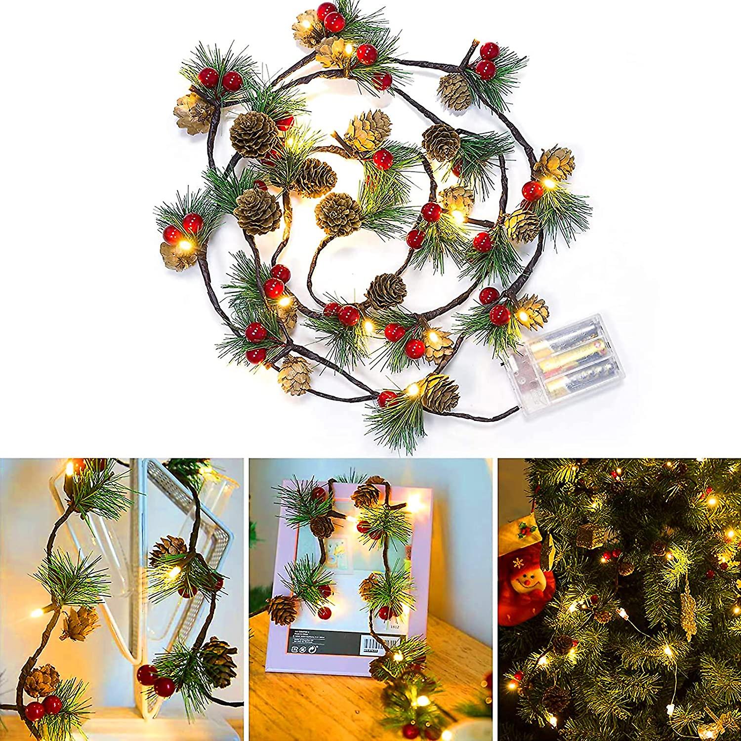 Total 13.2ft 40 Led Christmas Pinecone Led String Lights- 2 Pack Battery Powered Christmas Garlands Pine Cone Red Berries Lamp Lights For Xmas Party B