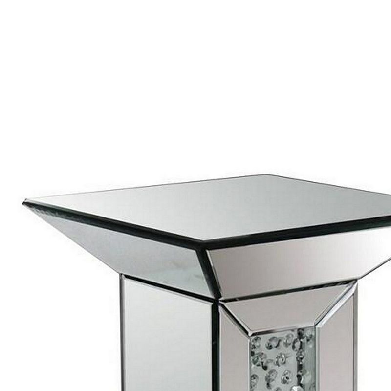 24 Inch Modern End Table， Square Mirror Top， Faux Crystals Inlay， Silver