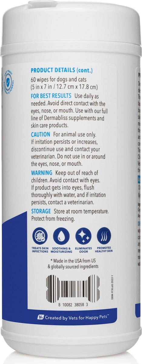 Vetnique Labs Dermabliss Medicated Face， Skin and Wrinkle Dog and Cat Wipes， 60 count