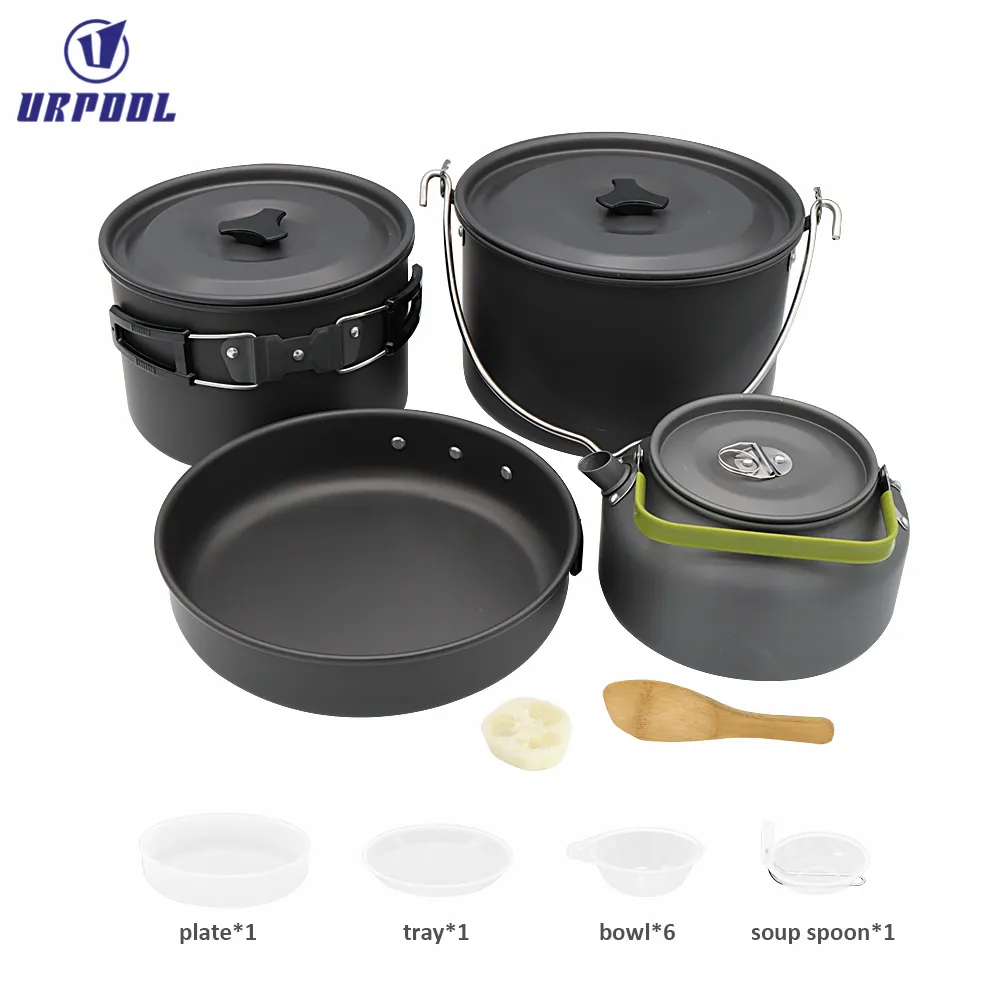 Portable Outdoor Camping Cookware Kit Aluminum Cooking Set Water Kettle Pan Pot Travelling Hiking Picnic BBQ Tableware Tool