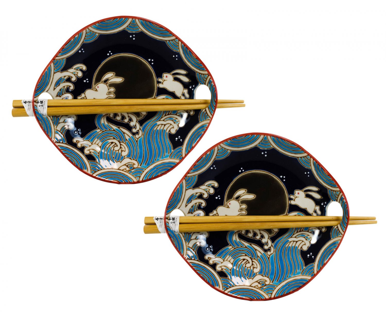 1 Pack Of 2 Rabbits By Black Moon Appetizer Coupe Plate Flat Bowl With Chopsticks EBR02