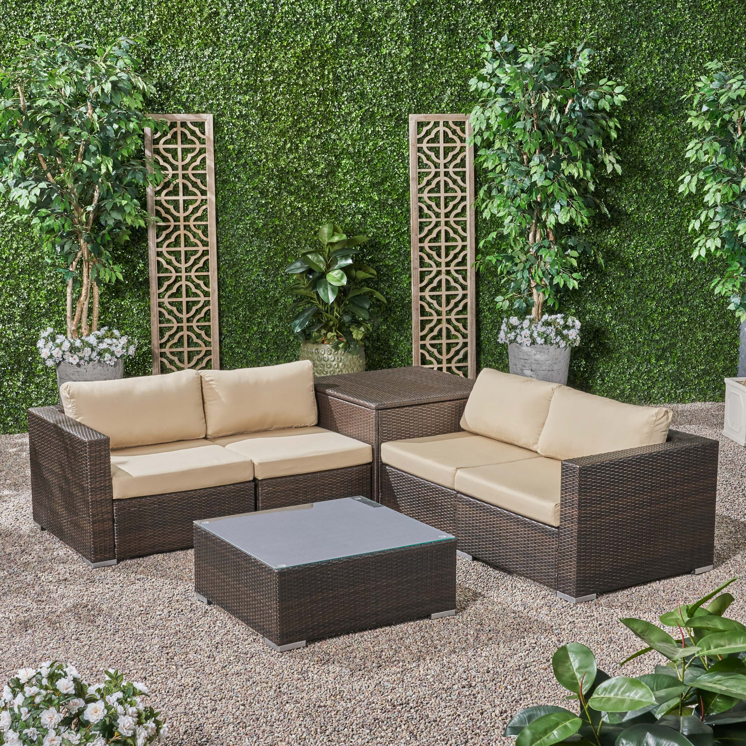 Kyra Outdoor 4 Seater Wicker Sofa Set with Storage Ottoman and Sunbrella Cushions