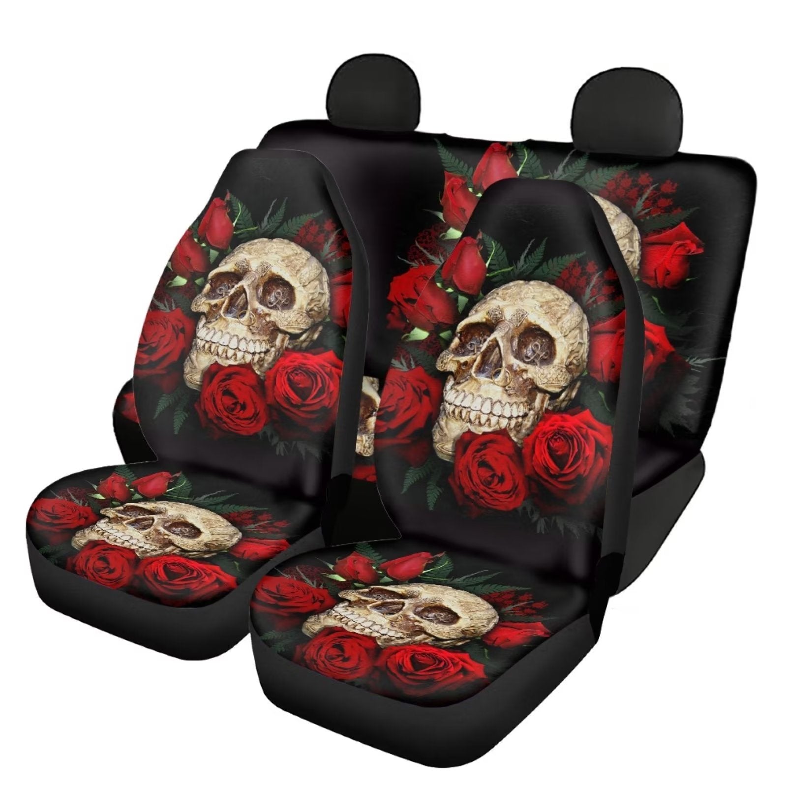 NETILGEN Red Rose Sugar Skull Design Auto Seat Covers Protection 4 Pack Front Back Seat Covers and Rear Bench Covers Seat Bench Cover Stretchy Bucket Saddle Blanket Accessories for Women