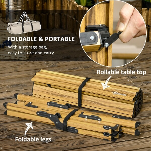 Outsunny 4ft Aluminum Camping Table，Folding RollUp Picnic Table with Carry Bag，Waterproof and Woodgrain Finish