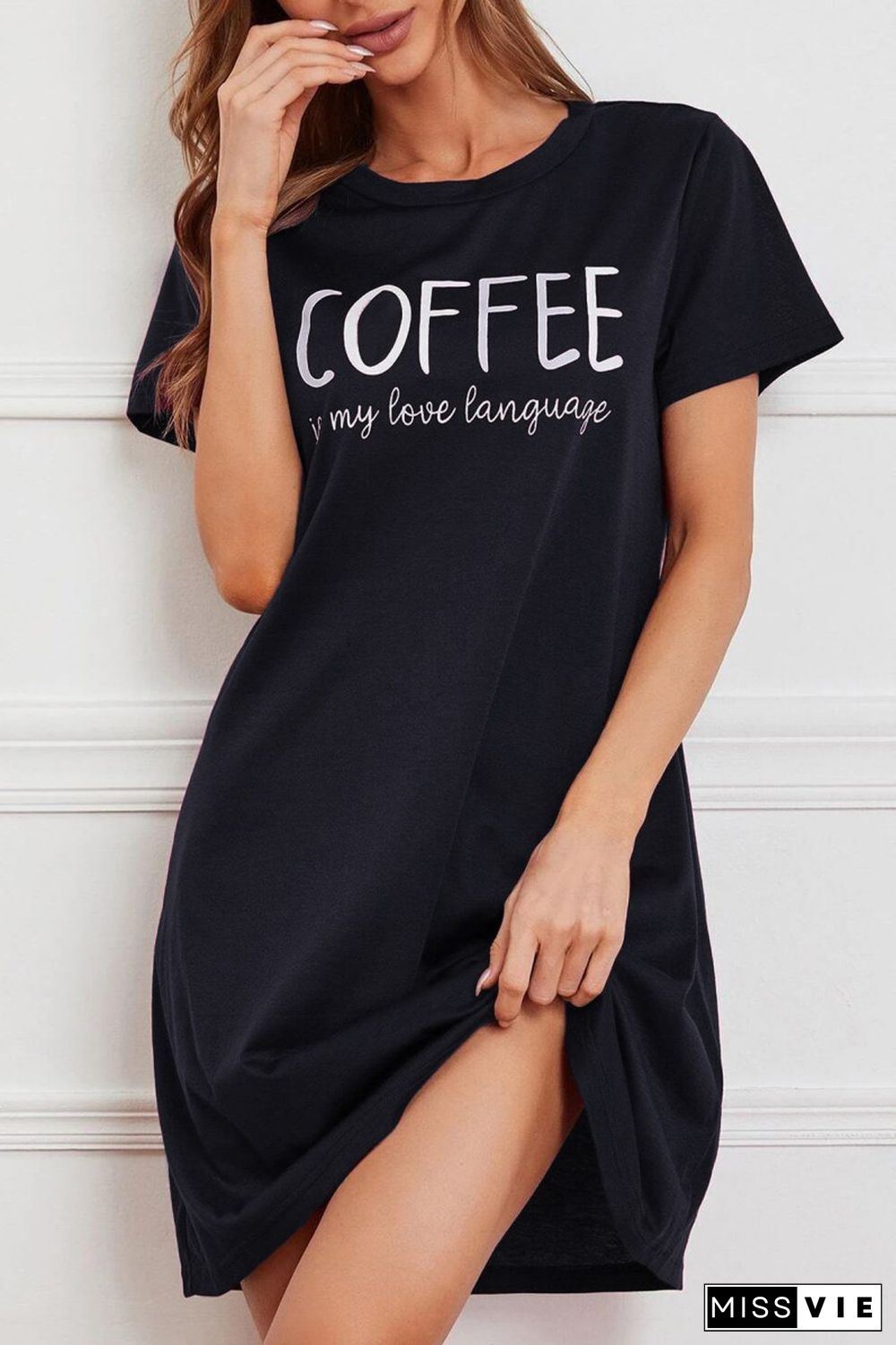 Black Casual Living Letter Print Basic O Neck Short Sleeve Dress