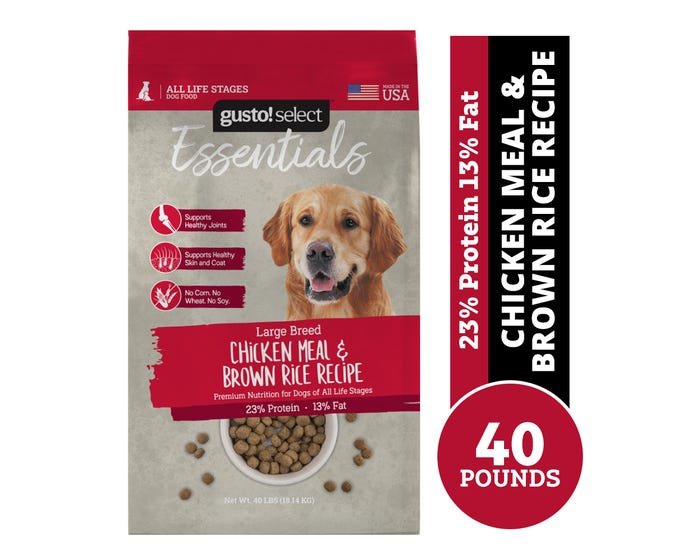 Gusto! Select Essentials Large Breed Chicken Meal  Brown Rice Recipe Dog Food， 40 lb. Bag