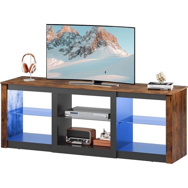 TV Stand with LED Lights for TVs up to 65 inch， Entertainment Center with Glass Shelves， Modern TV Stand for Living Room