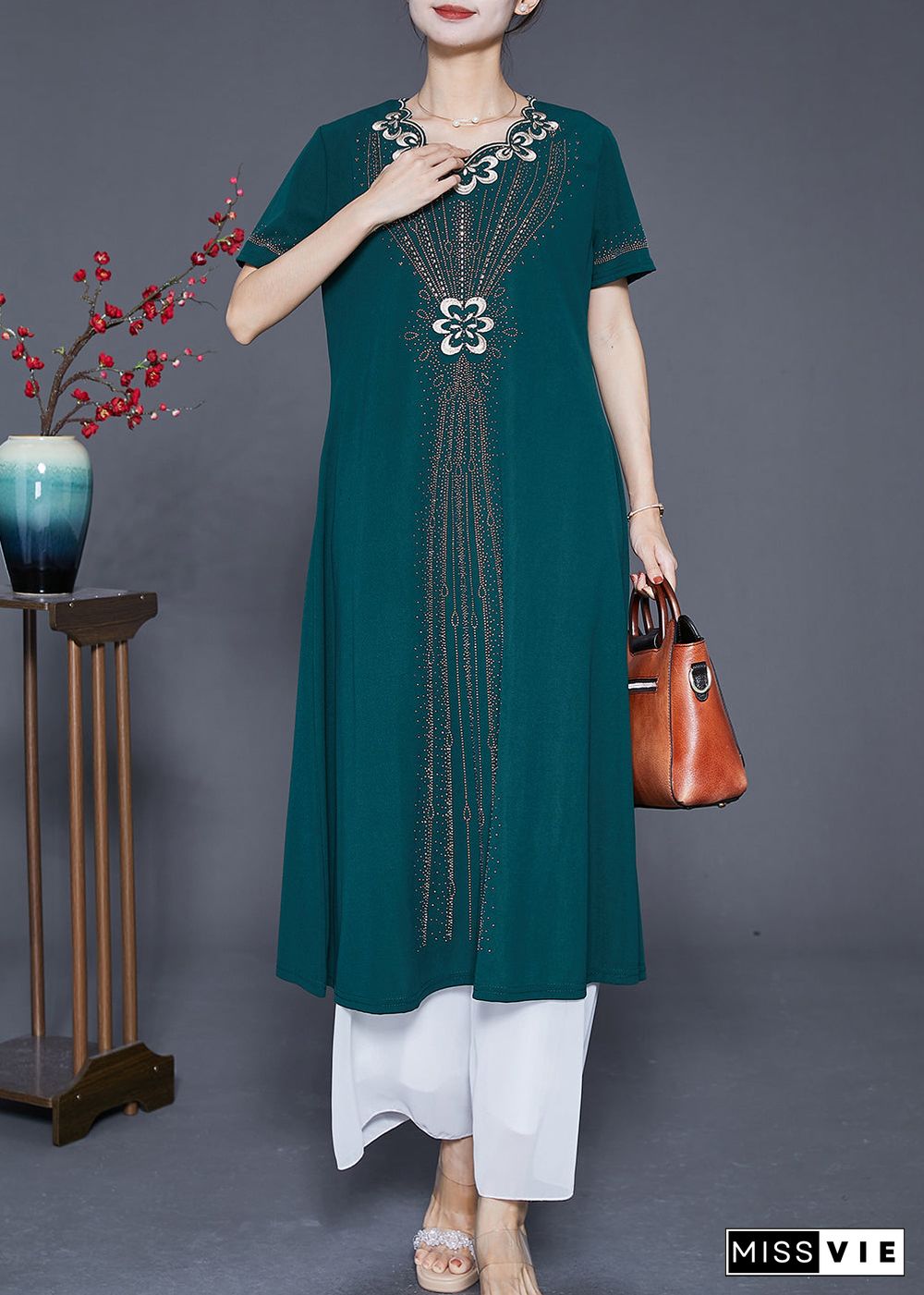 Fashion Blackish Green Embroideried Zircon Chiffon Maxi Dresses Summer