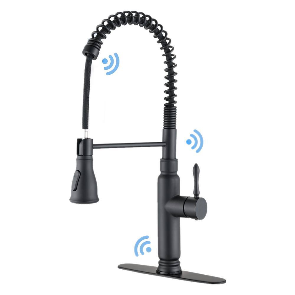 Magic Home Touchless Single Handle Pull Out Sprayer Kitchen Faucet with Deckplate Included in Matte Black 928-TH94027MB02