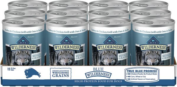 Blue Buffalo Wilderness Turkey and Chicken Grill with Oats and Barley Adult Wet Dog Food， 12.5-oz， case of 12