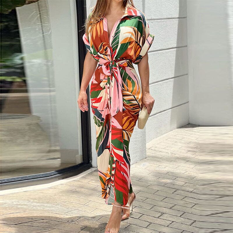 Lapel Tie Leaf Print Dress