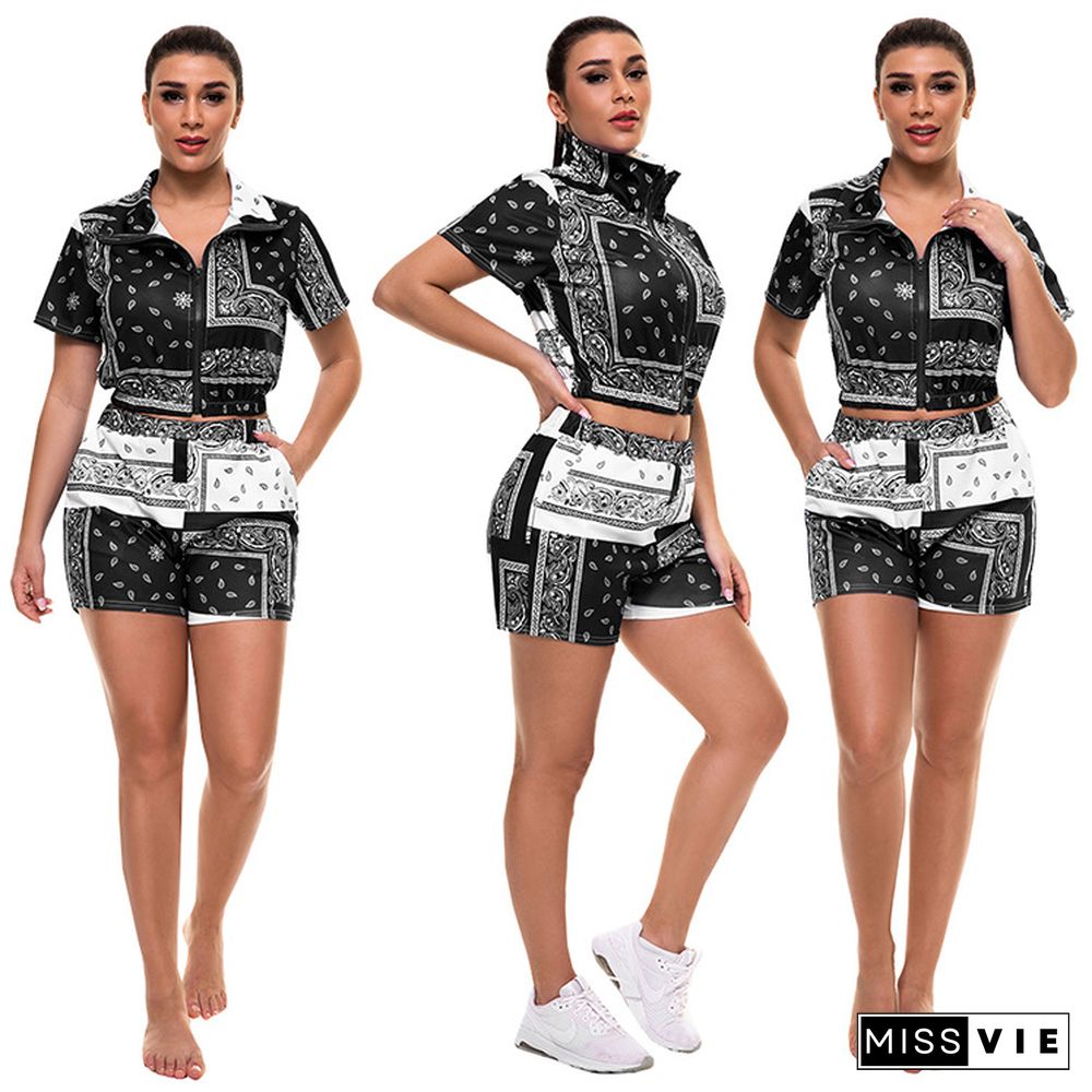 Bandana Paisley Print Short Sleeve Zipper Top Shorts 2 Piece Set