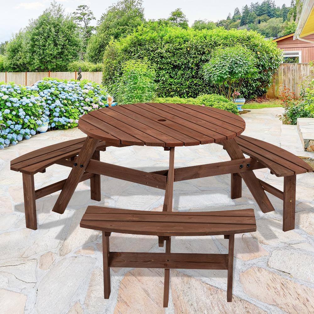 Cesicia 66.92 in. W 6-Person Brown Circular Solid Wood Outdoor Wooden Picnic Table w3 Built-In Benches for Backyard Garden ktkhxywydyq105