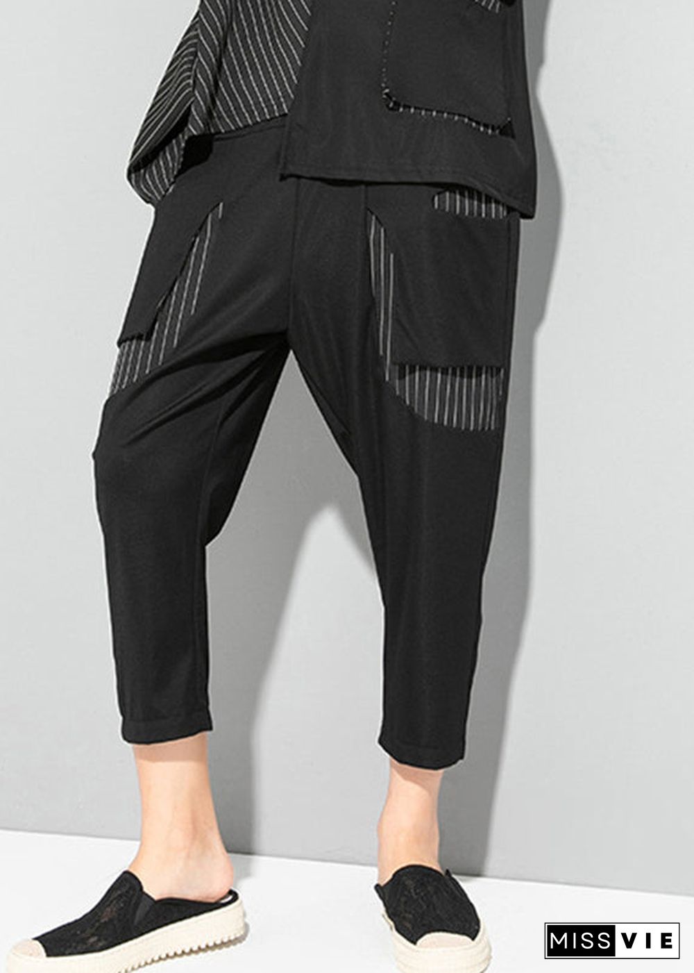 Fine Black Striped Patchwork Pockets Elastic Waist Crop Pants Summer