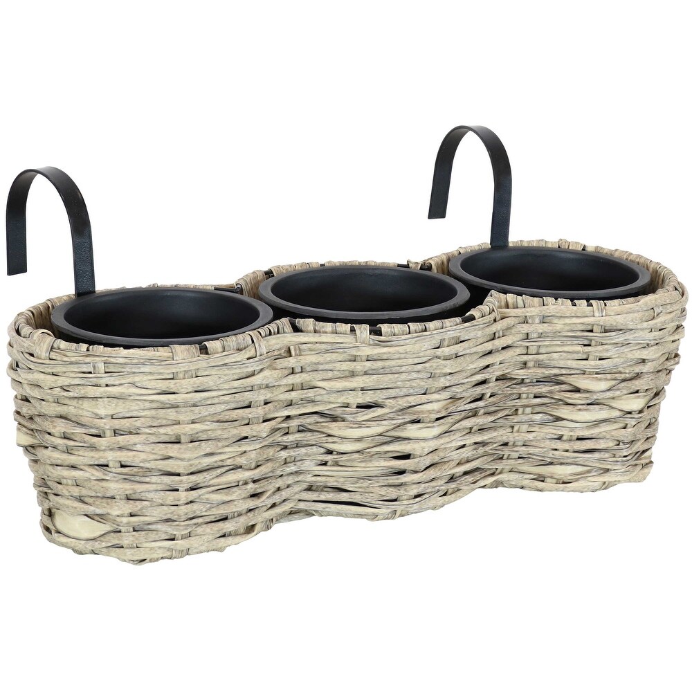 Sunnydaze Round Polyrattan Over the Rail Tri Planter   Frost