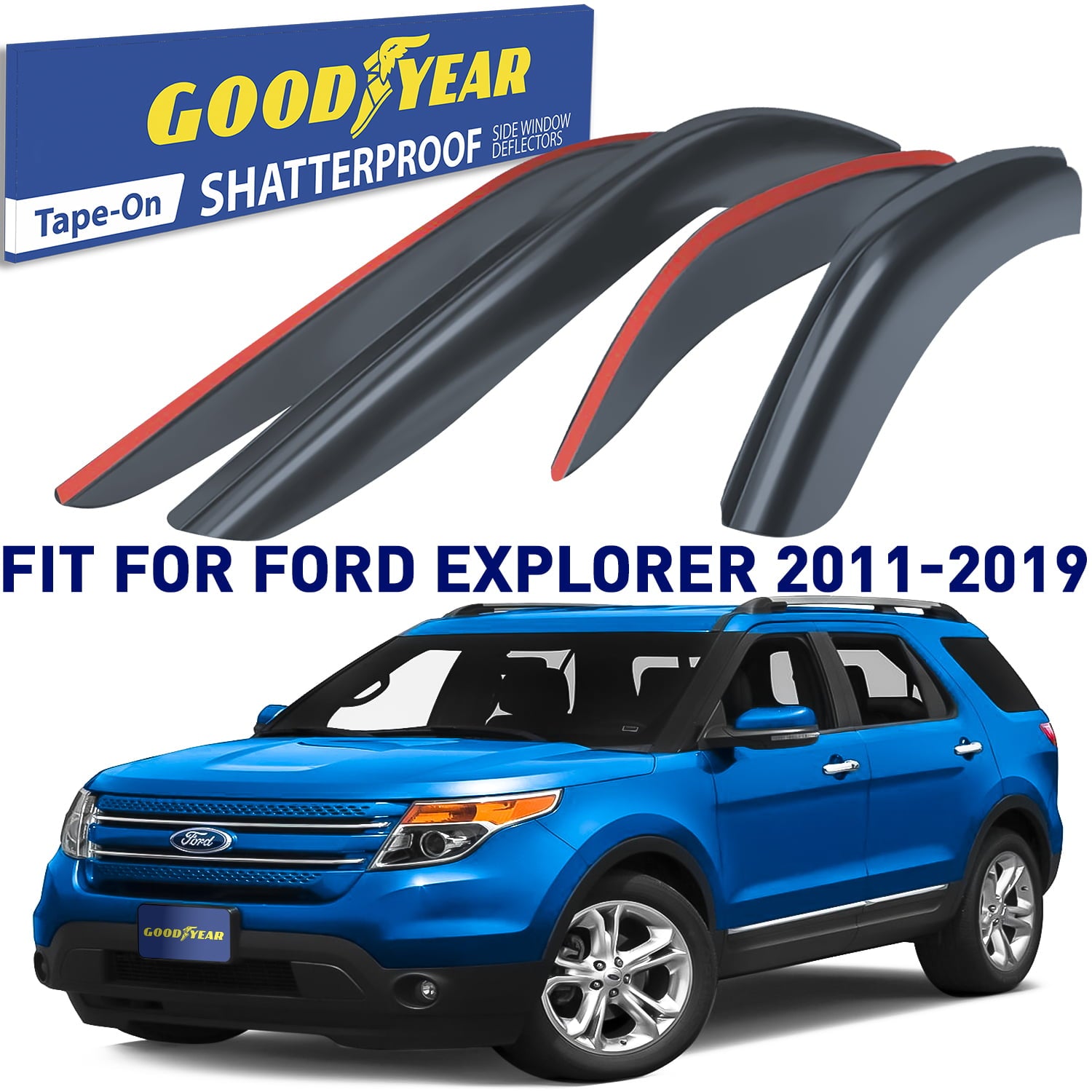 Goodyear Shatterproof Window Deflectors for Ford Explorer 2011-2019， Tape-on Rain Guards， Window Visors， Vent Deflector Visor， Car Accessories， 4 pcs. - GY003141LP