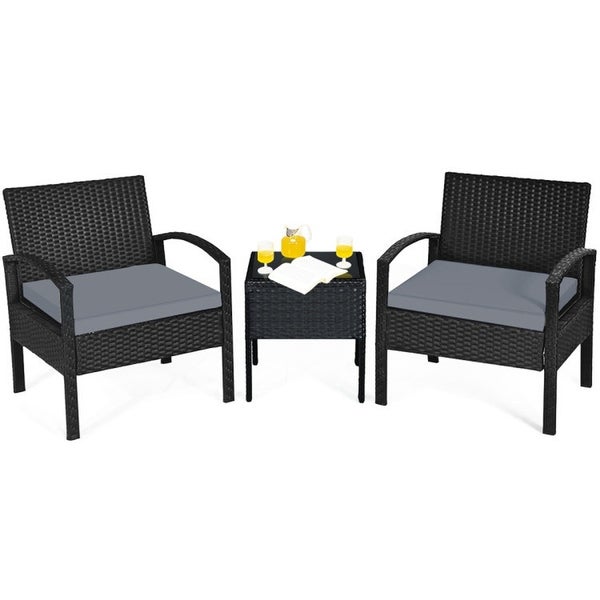 3 Pieces Outdoor Rattan Patio Conversation Set with Seat Cushions -  - 37563811