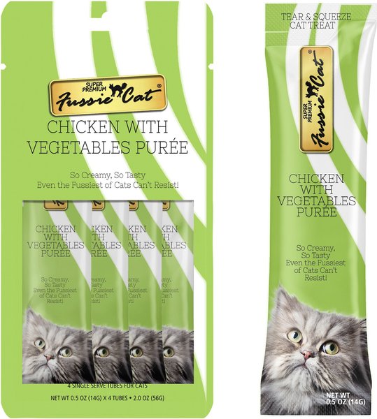 Fussie Cat Chicken with Vegetables Puree Lickable Cat Treats， 0.5-oz pouch， pack of 4