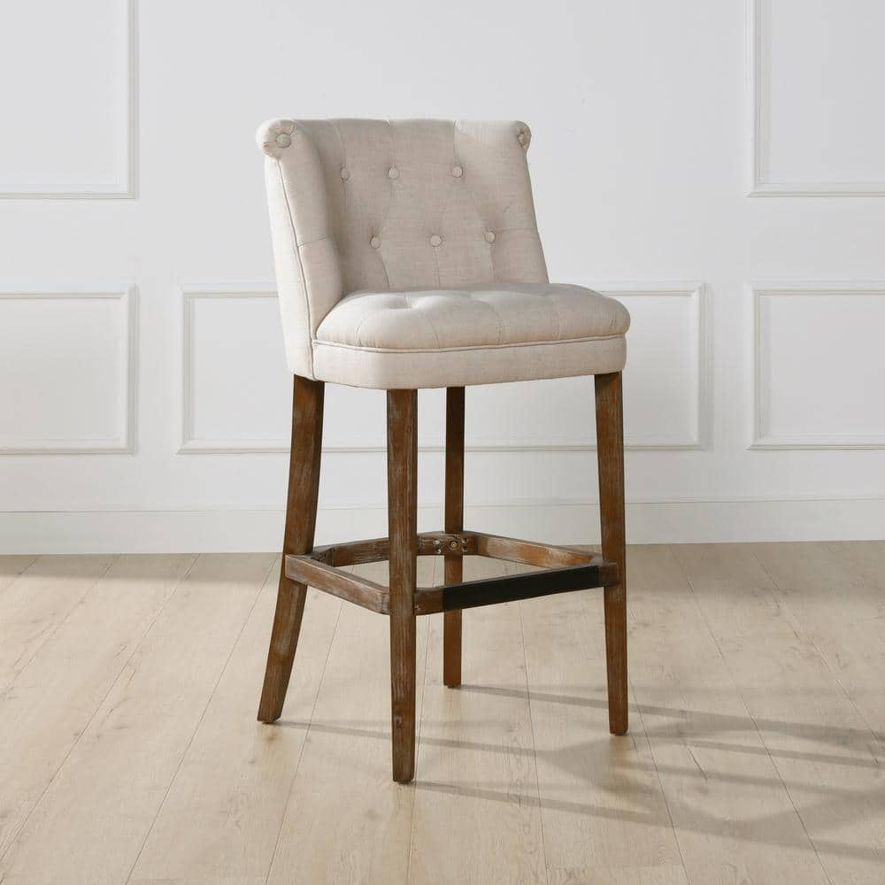 Jennifer Taylor Emma 43 in. Greige Gray Linen Tufted Rubber Wood 31 in. Bar Stool with Linen Seat 81170-MLG