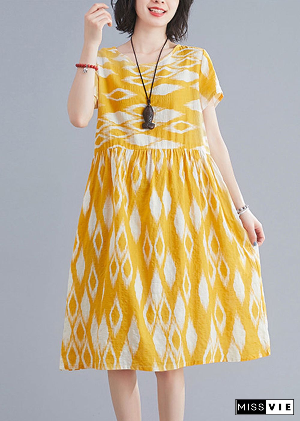 Bohemian Yellow O-Neck Wrinkled Print Cotton Beach Dresses Short Sleeve