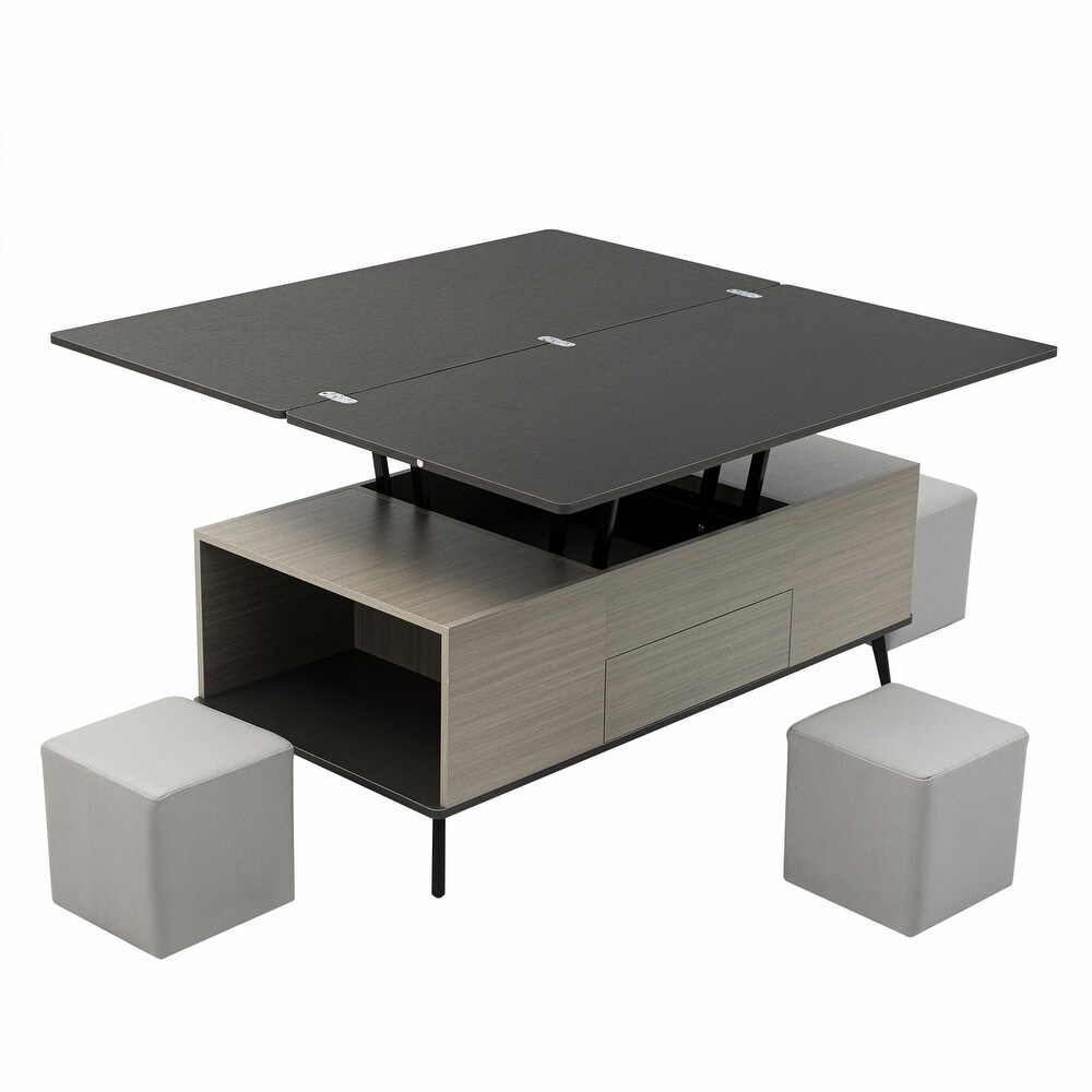 5 Piece Lift Top Coffee Table Set: Convertible Dining Table with Ottomans