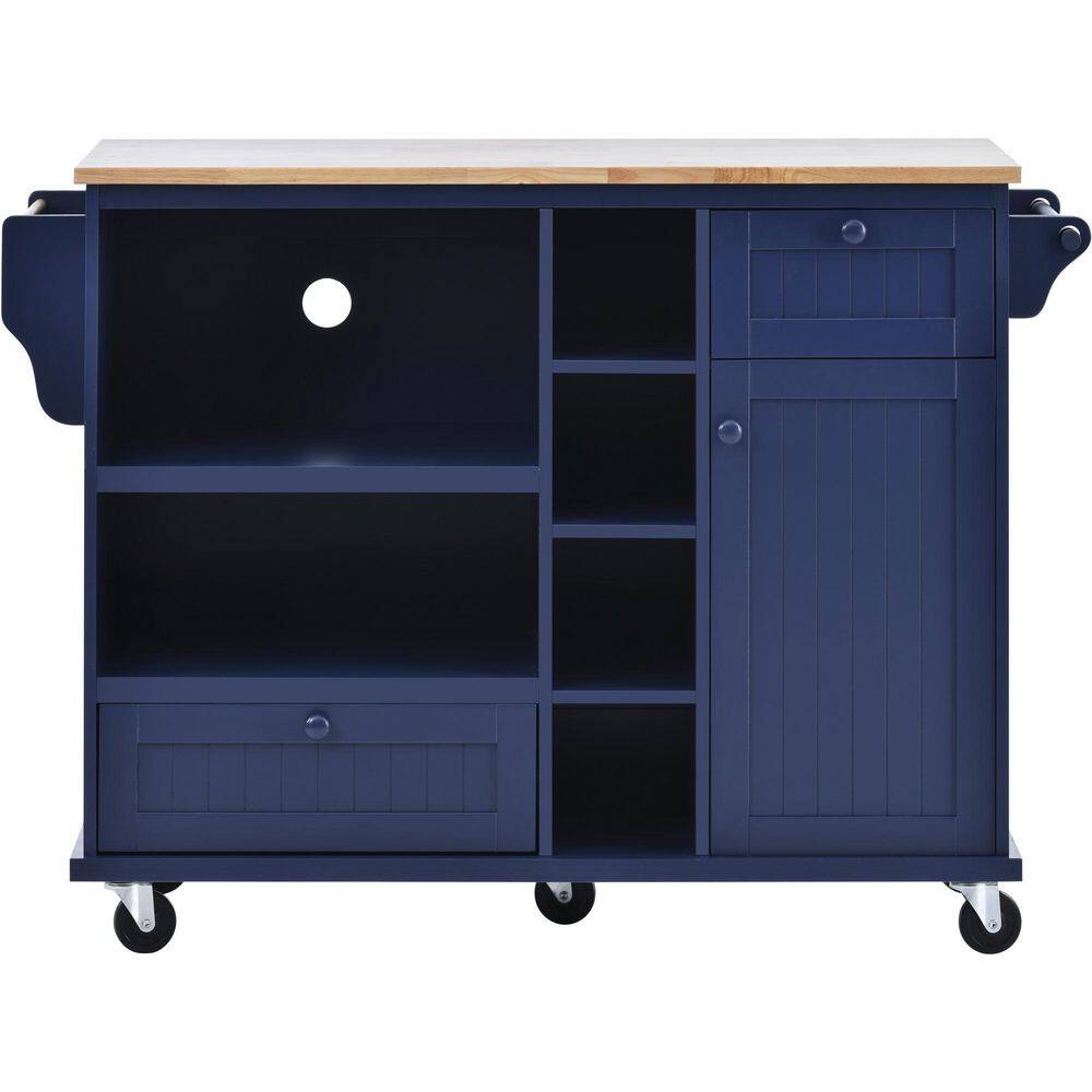 tunuo Dark Blue Rolling Kitchen Island Cart with Rubber Wood Top and Microwave Cabinet (51 in. W) SFWF-296670DB