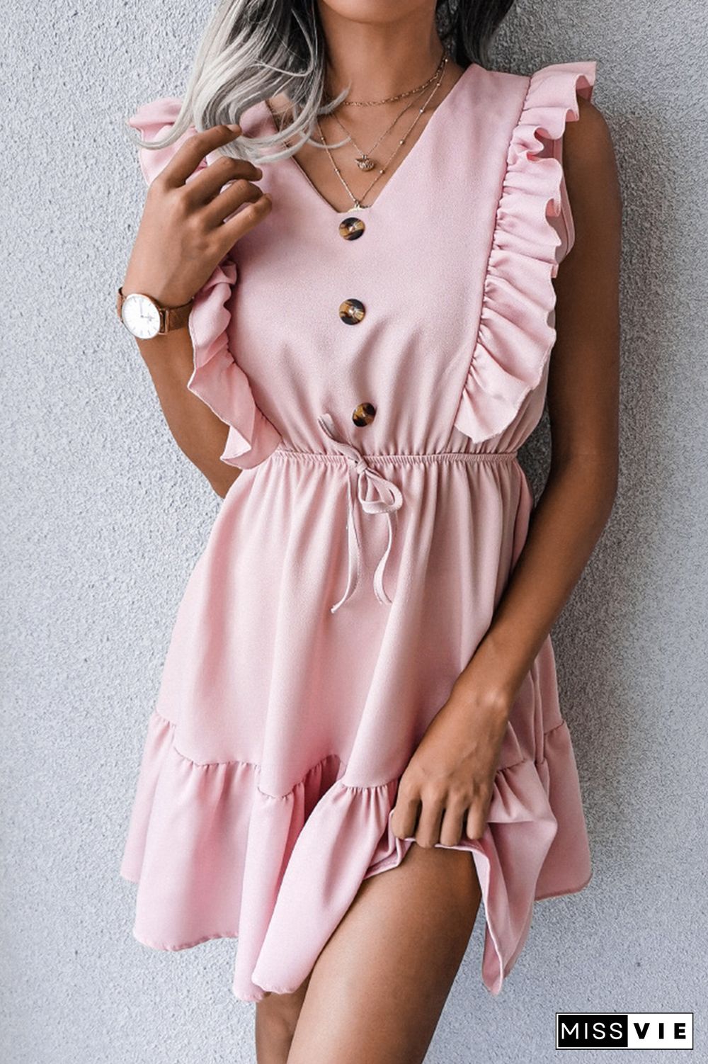 Casual Elegant Solid Buckle Flounce V Neck Waist Skirt Dresses