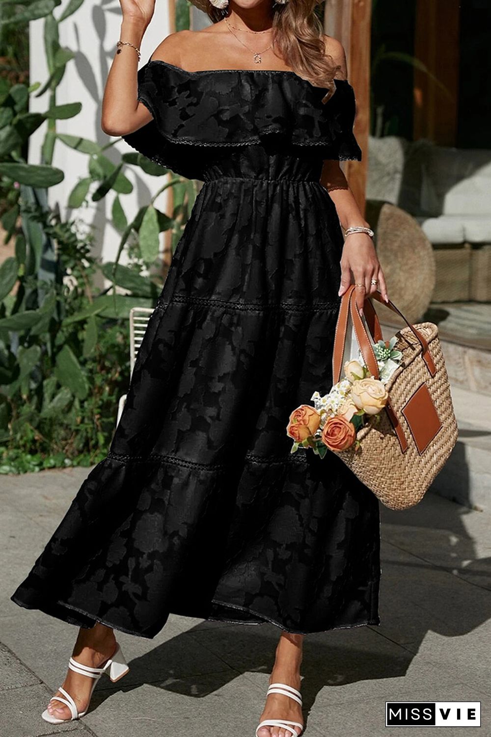 Off Shoulder Flower Splicing Ruffle Maxi Dress